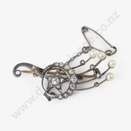 Victorian 25Stone Diamond and Pearl Crescent and Shooting Star Brooch