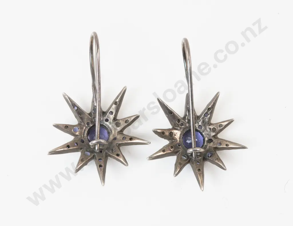 Pair Vintage Silver Mounted Sapphire Paste Star Burst Pendant Drop Earrings Image 1++