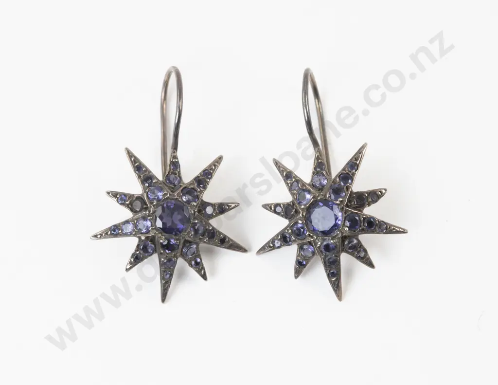 Pair Vintage Silver Mounted Sapphire Paste Star Burst Pendant Drop Earrings Image 1++