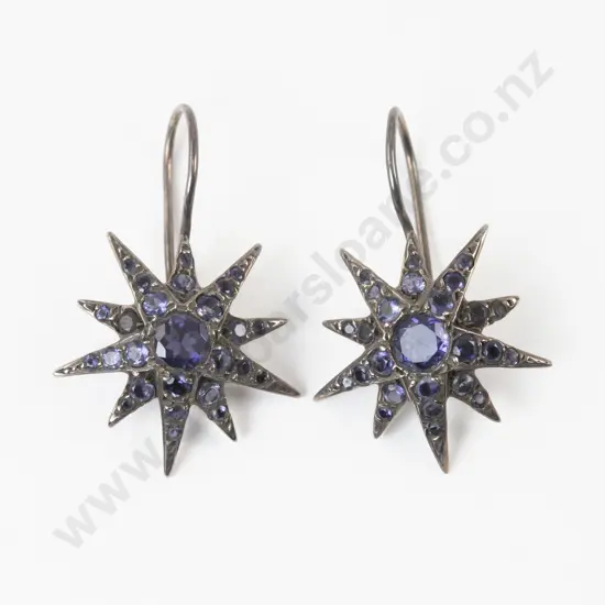 Pair Vintage Silver Mounted Sapphire Paste Star Burst Pendant Drop Earrings
