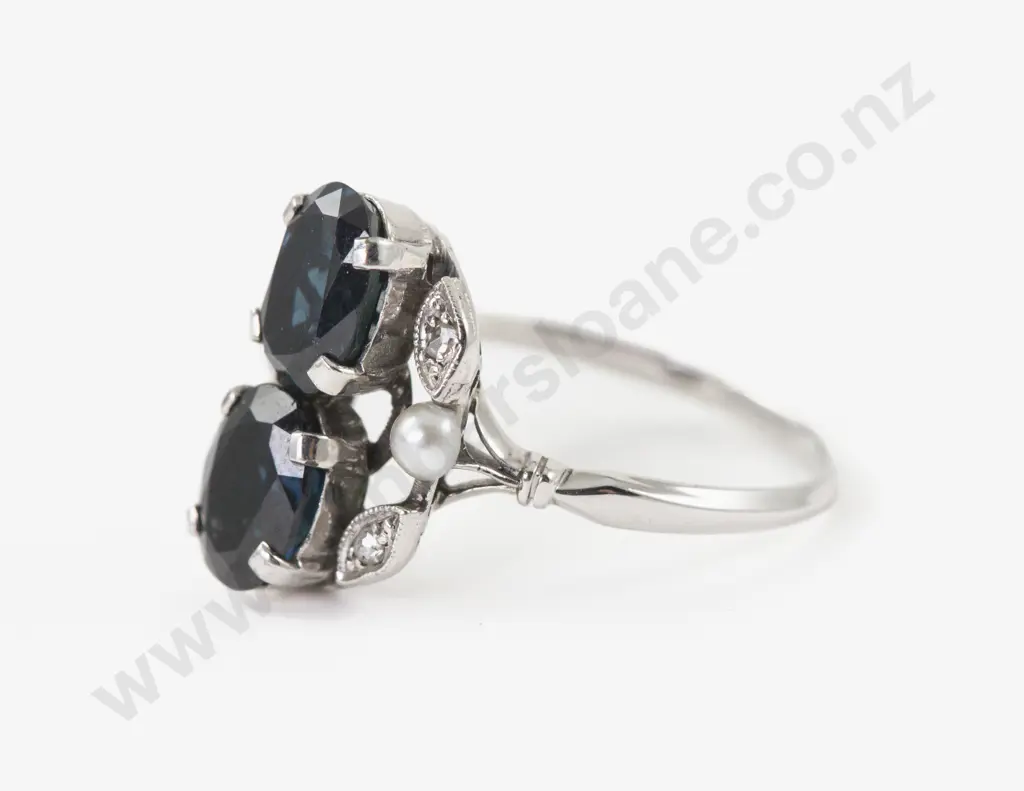 Art Deco Style 14ct White Gold Eight Stone Sapphire Diamond and Pearl Dress Ring Image 1++