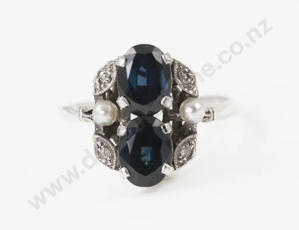 Art Deco Style 14ct White Gold Eight Stone Sapphire Diamond and Pearl Dress Ring Image 1++