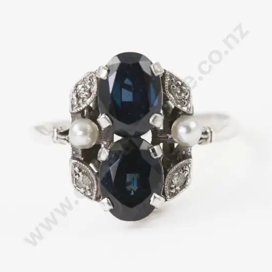 Art Deco Style 14ct White Gold Eight Stone Sapphire Diamond and Pearl Dress Ring