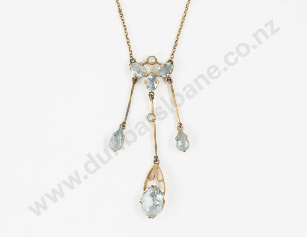 Edwardian 9ct Eight Stone Aquamarine and Pearl Necklace Image 1++