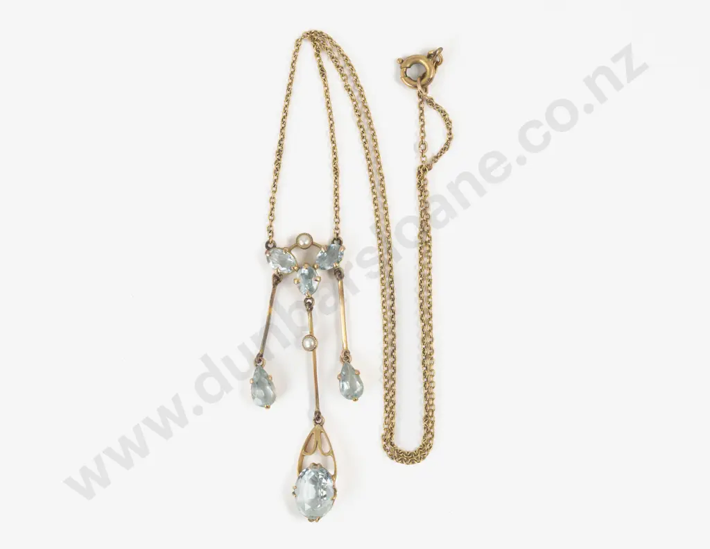 Edwardian 9ct Eight Stone Aquamarine and Pearl Necklace Image 1++