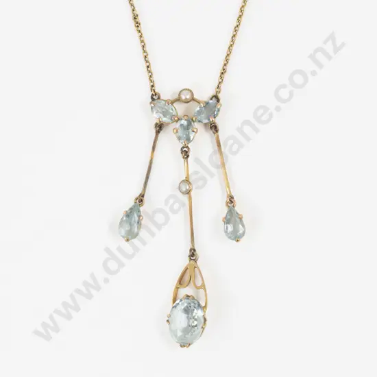 Edwardian 9ct Eight Stone Aquamarine and Pearl Necklace