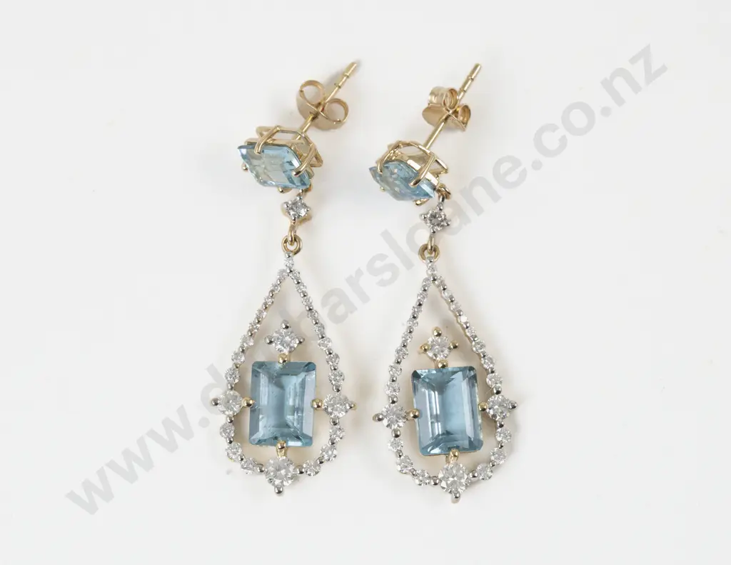 Pair 14ct Aquamarine and Diamond Pendant Drop Earrings Image 1++