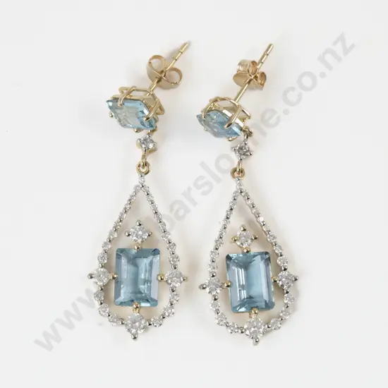 Pair 14ct Aquamarine and Diamond Pendant Drop Earrings