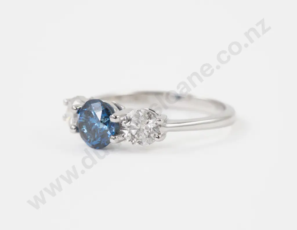 14ct White Gold Three Stone Blue and White Diamond Ring Image 1++