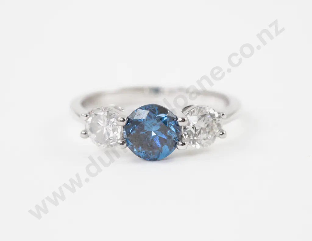 14ct White Gold Three Stone Blue and White Diamond Ring Image 1++