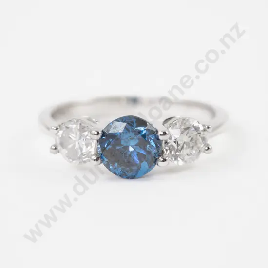 14ct White Gold Three Stone Blue and White Diamond Ring