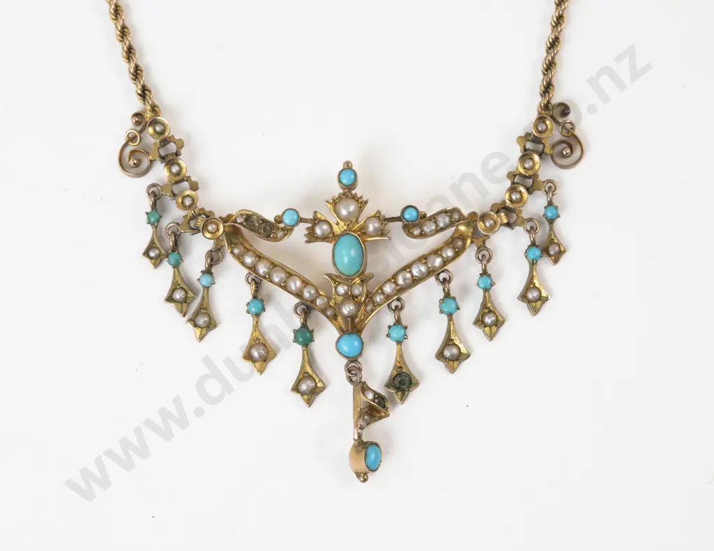 Edwardian 9ct Turquoise and Seed Pearl Necklace Image 1++