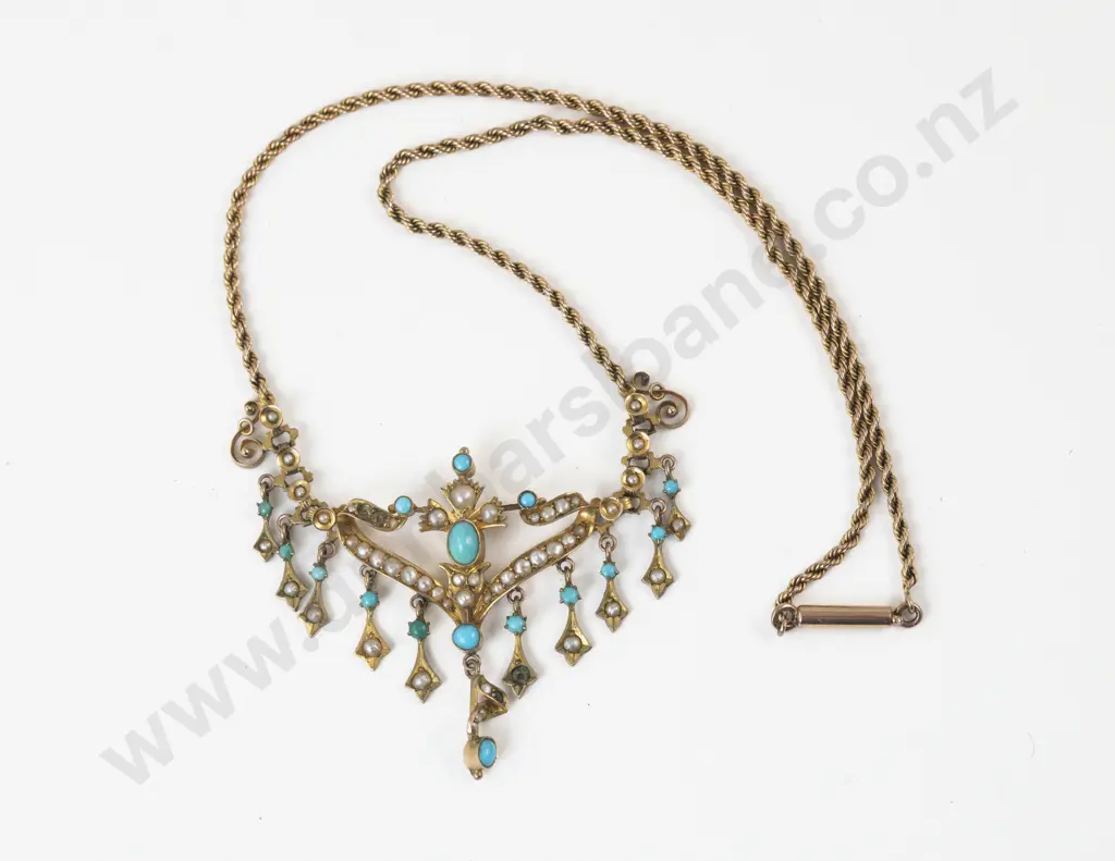 Edwardian 9ct Turquoise and Seed Pearl Necklace Image 1++