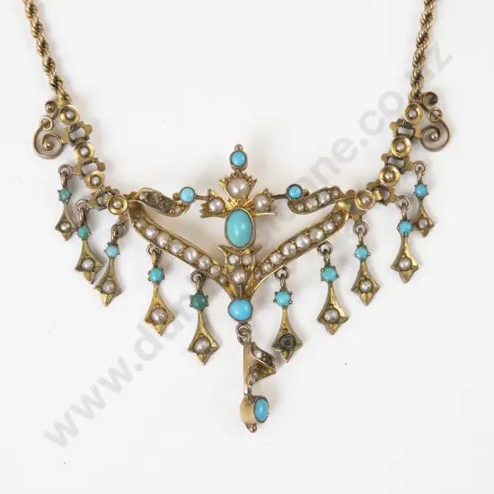 Edwardian 9ct Turquoise and Seed Pearl Necklace