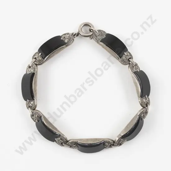 Vintage .935 Silver and Marcasite Seven Panel Onyx Bracelet