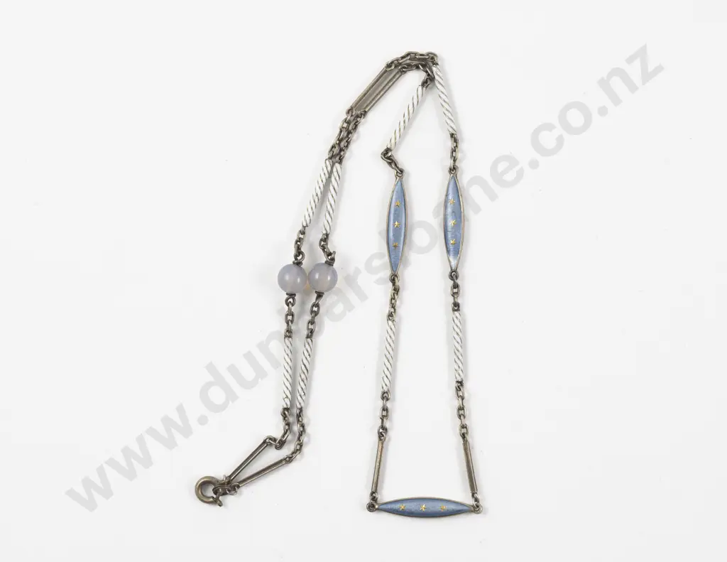Vintage Single Strand Blue and White Enamel Link Necklace Image 1++