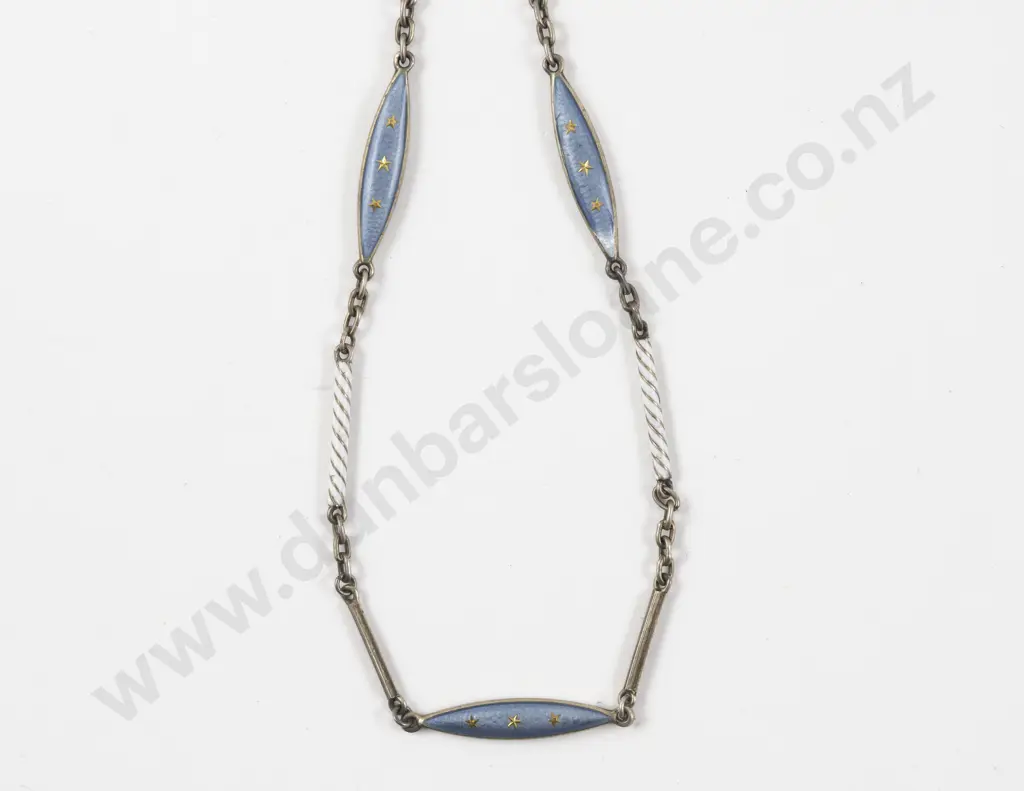 Vintage Single Strand Blue and White Enamel Link Necklace Image 1++