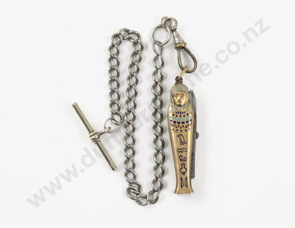 Early C20th Egyptian Revival Silver and Enamel Pocket Knife Pendant Image 1++