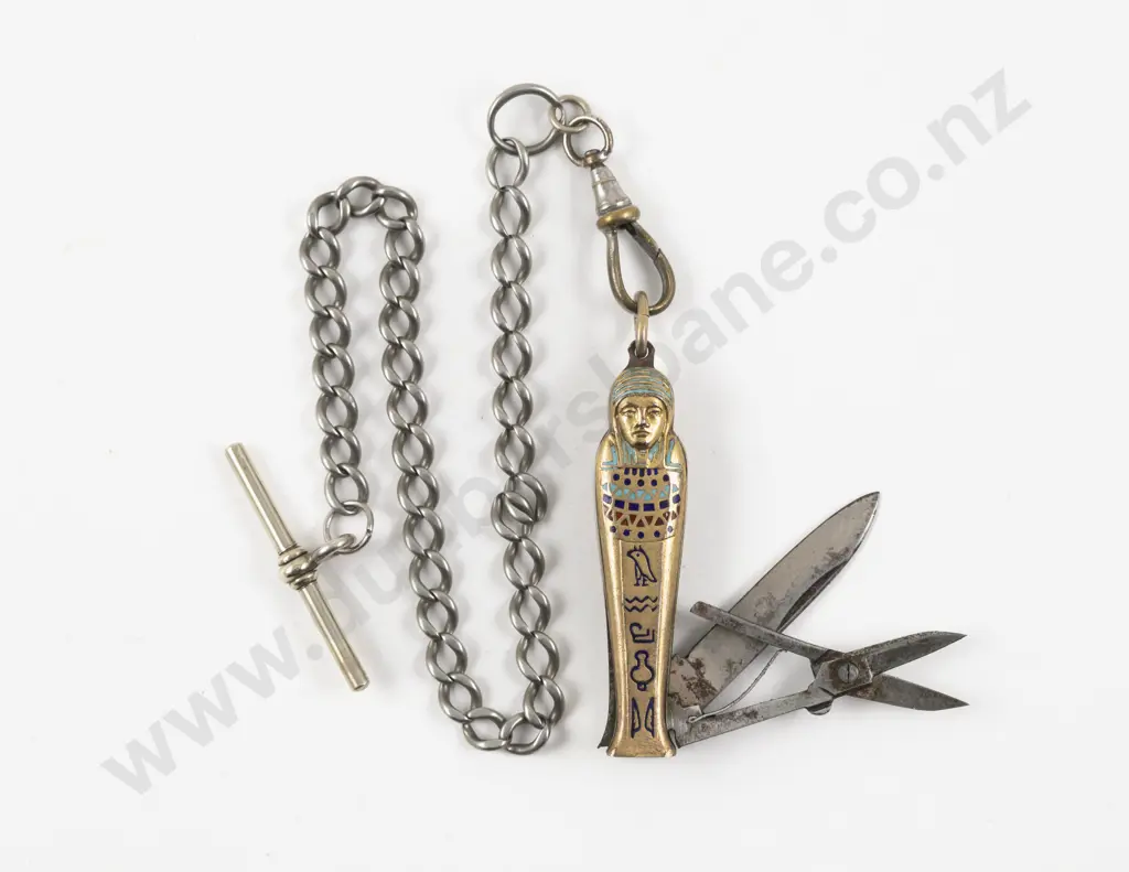 Early C20th Egyptian Revival Silver and Enamel Pocket Knife Pendant Image 1++