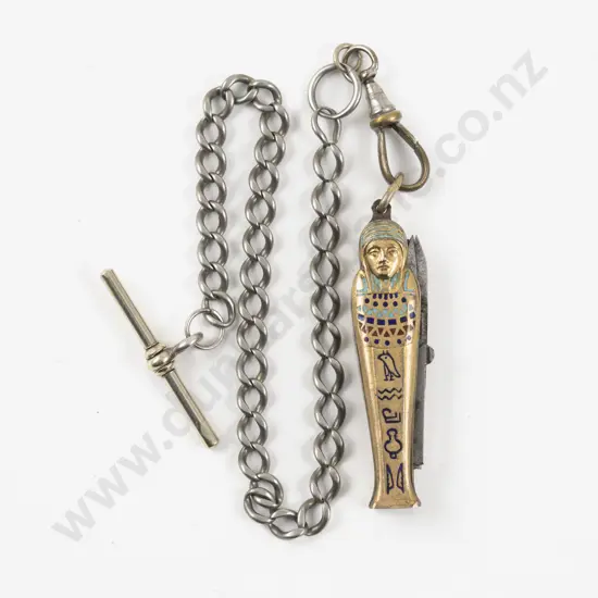 Early C20th Egyptian Revival Silver and Enamel Pocket Knife Pendant
