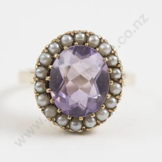 9ct Single Amethyst and Pearl Cluster Ring