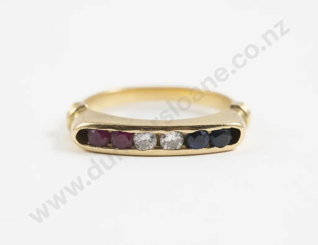 18ct Six Stone Diamond Sapphire and Ruby Fancy Band Ring Image 1++
