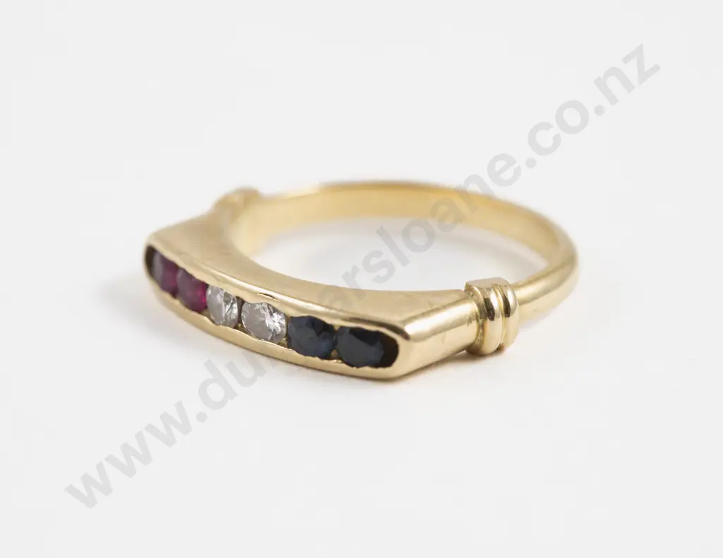18ct Six Stone Diamond Sapphire and Ruby Fancy Band Ring Image 1++