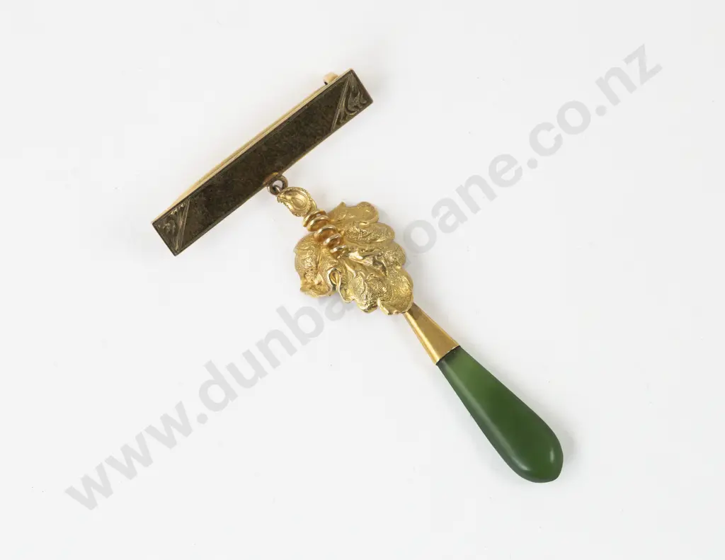 NZ 9ct Greenstone Pendant Drop Bar Brooch Image 1++