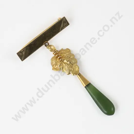 NZ 9ct Greenstone Pendant Drop Bar Brooch