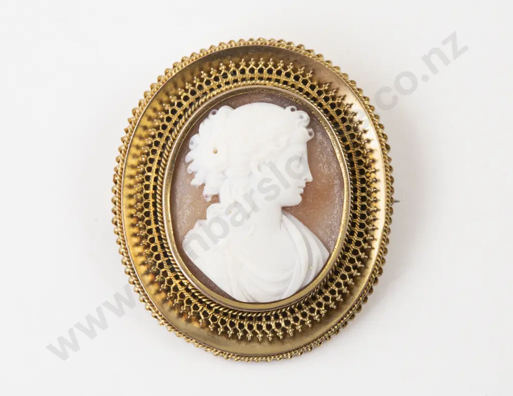 Victorian 15ct Framed Classical Portrait Cameo Brooch Image 1++