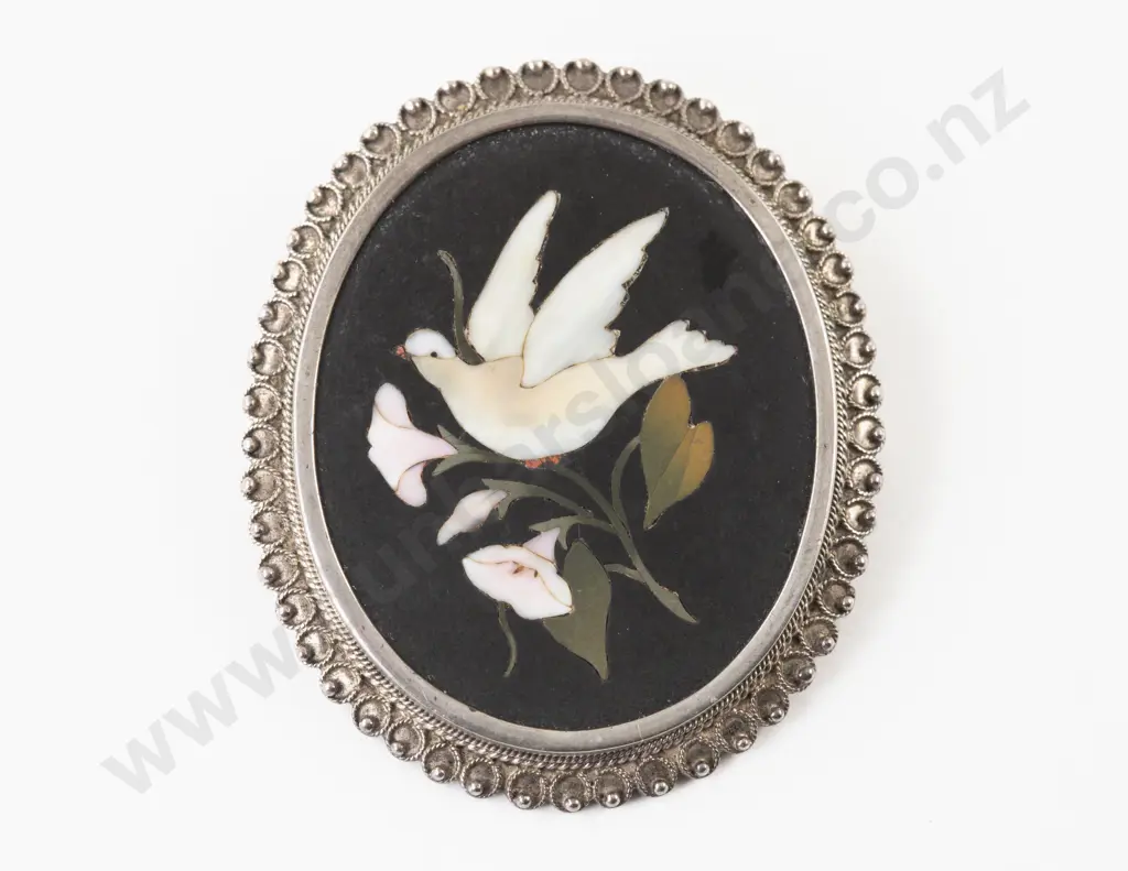 Victorian .800 Silver Pietra Dura Brooch Image 1++
