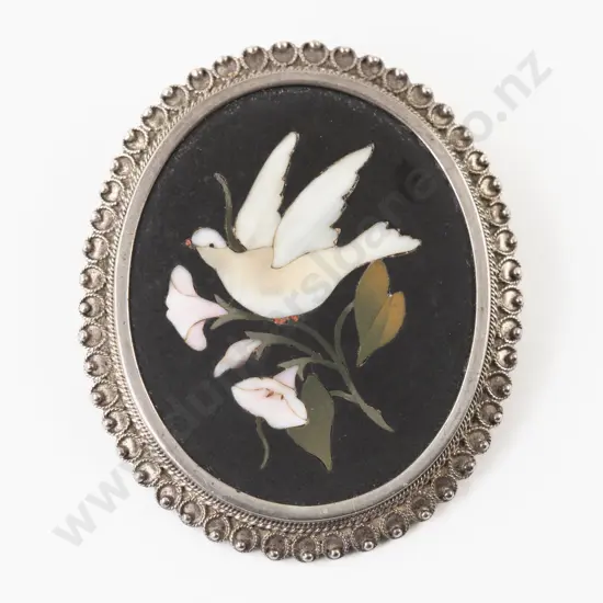 Victorian .800 Silver Pietra Dura Brooch