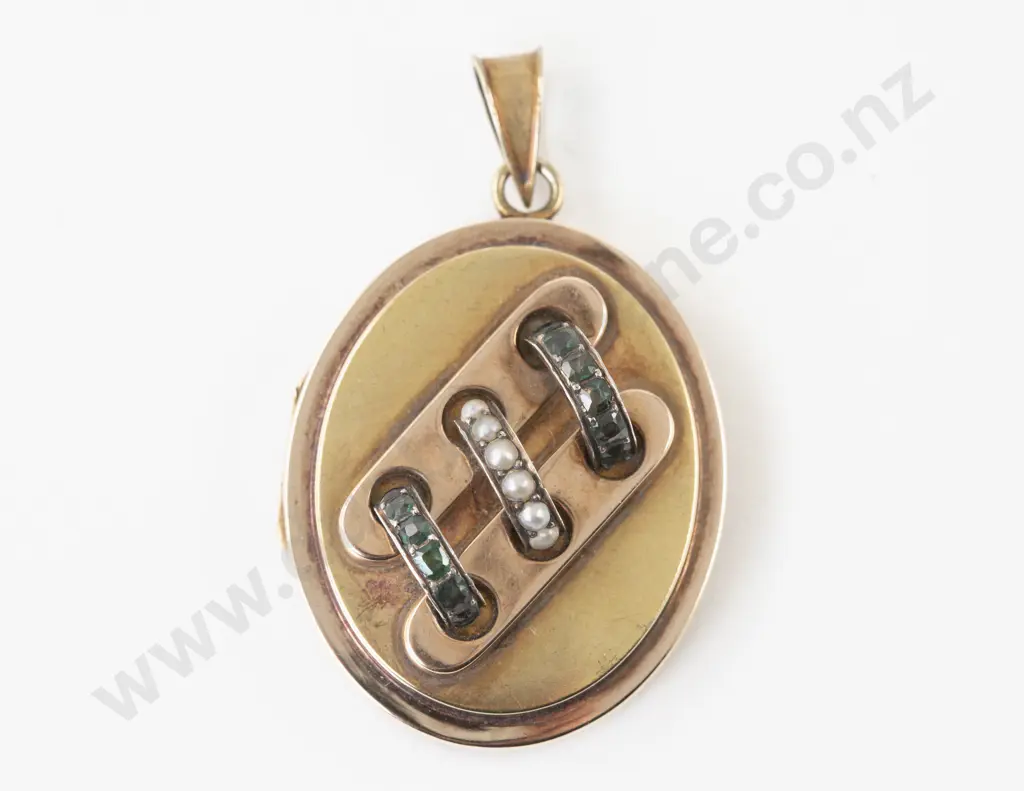 Victorian 15ct Seed Pearl and Green Gem Stone Photo Locket Pendant Image 1++