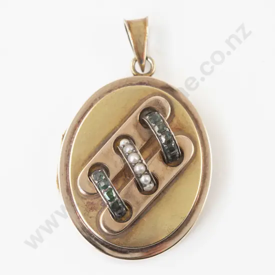 Victorian 15ct Seed Pearl and Green Gem Stone Photo Locket Pendant