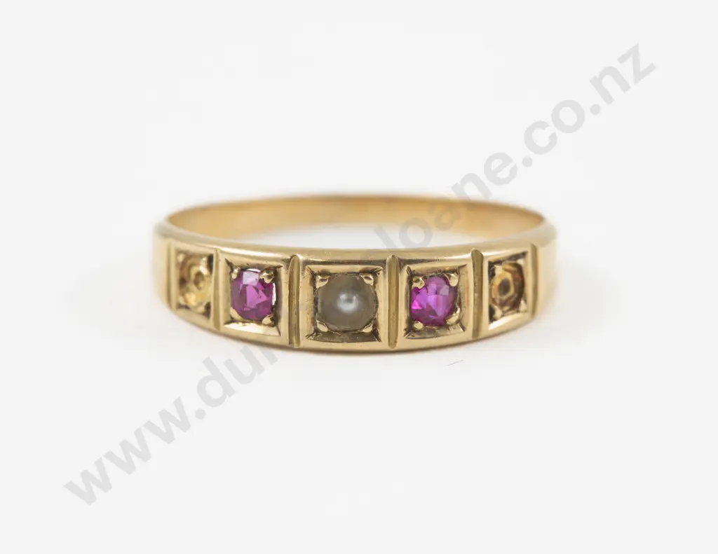 Victorian 15ct Three Stone Ruby and Seed Pearl Band Ring Image 1++