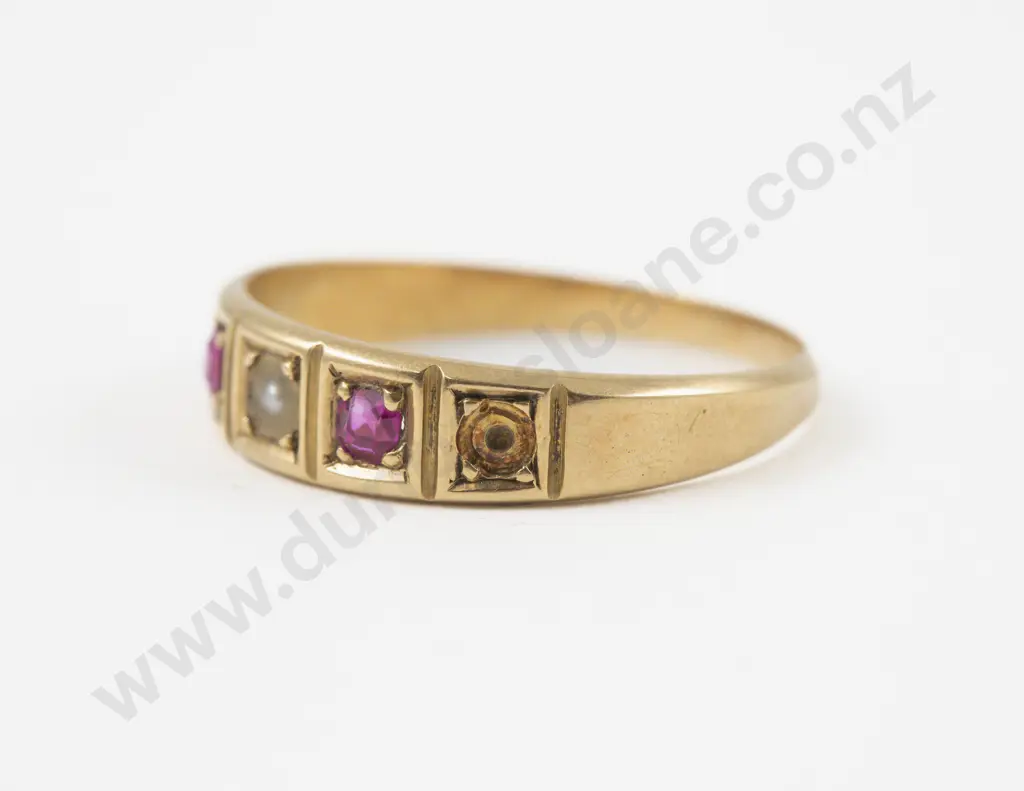 Victorian 15ct Three Stone Ruby and Seed Pearl Band Ring Image 1++