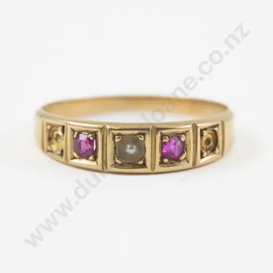 Victorian 15ct Three Stone Ruby and Seed Pearl Band Ring