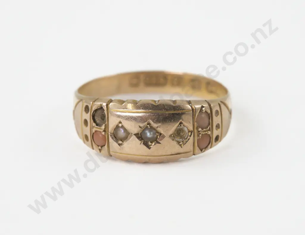 Victorian 15ct Seed Pearl and Coral Bead Band Ring Image 1++