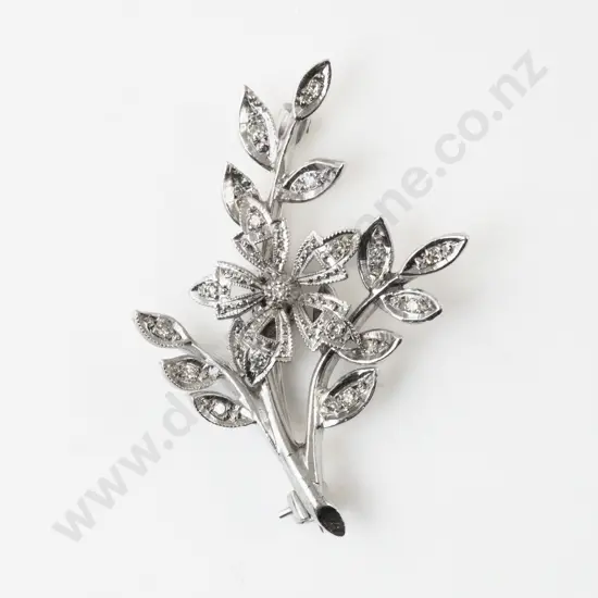 14ct White Gold 18Stone Diamond Floral Spray Brooch