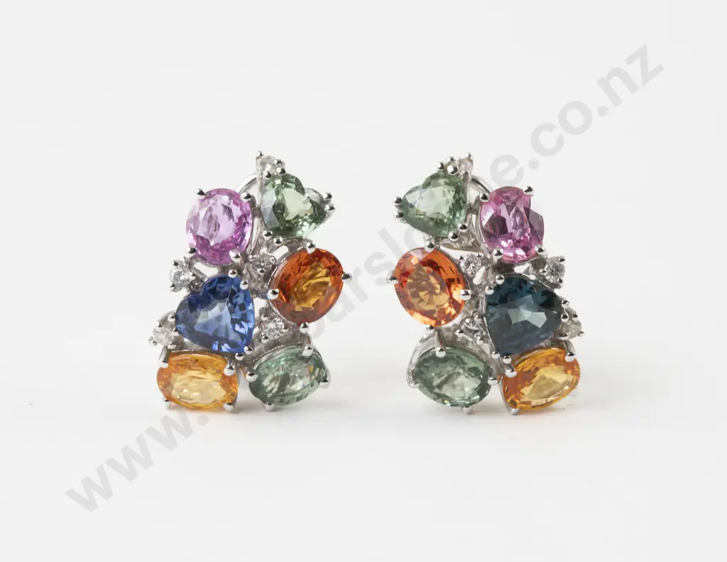 Pair 18ct White Gold Multi-Coloured Sapphire and Diamond Earrings Image 1++