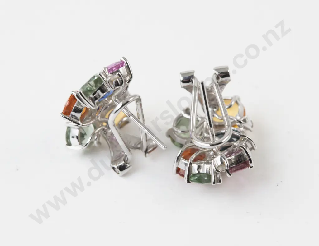 Pair 18ct White Gold Multi-Coloured Sapphire and Diamond Earrings Image 1++