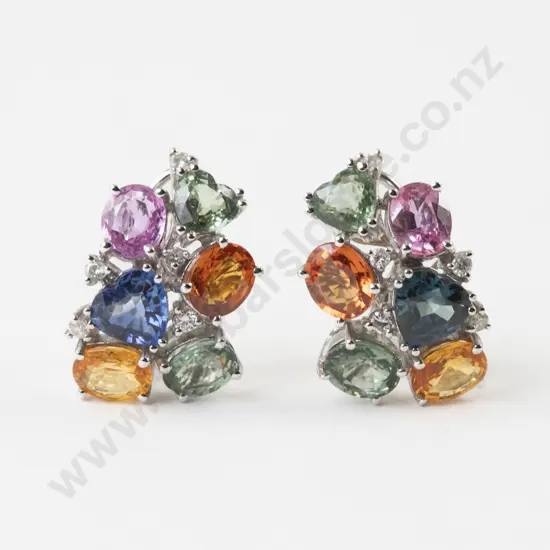 Pair 18ct White Gold Multi-Coloured Sapphire and Diamond Earrings