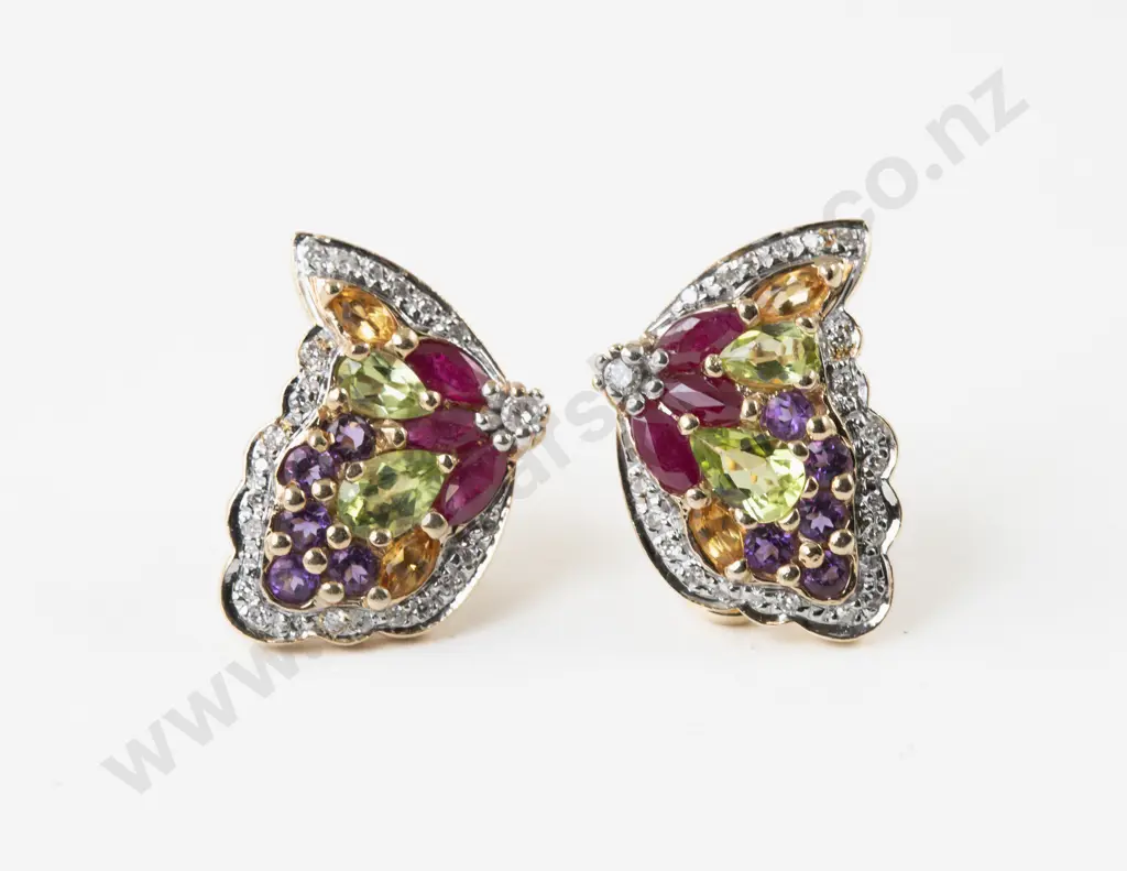 Pair 14ct Multi-Gem Fancy Butterfly Wing Earrings Image 1++