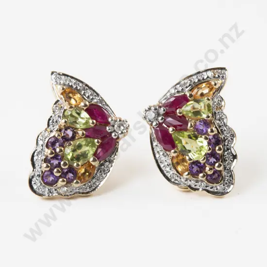 Pair 14ct Multi-Gem Fancy Butterfly Wing Earrings
