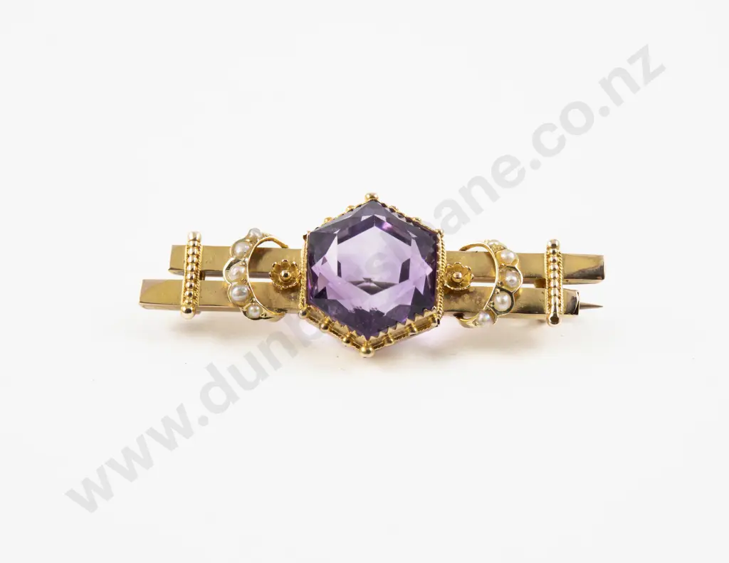 Victorian 15ct Amethyst and Seed Pearl Double Bar Brooch Image 1++