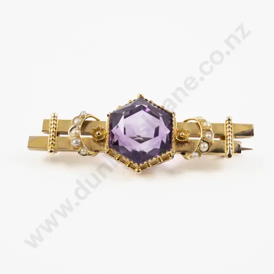 Victorian 15ct Amethyst and Seed Pearl Double Bar Brooch