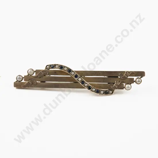 Victorian 9ct Sapphire and Seed Pearl Triple Bar Brooch