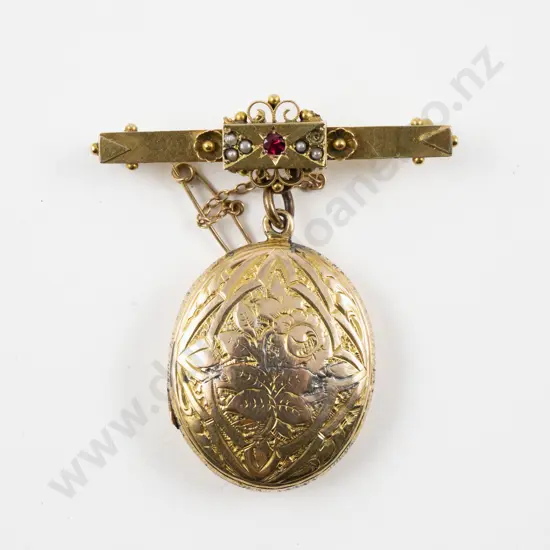 Victorian 9ct Oval Photo Locket on Six Stone Garnet and Seed Pearl Bar Brooch