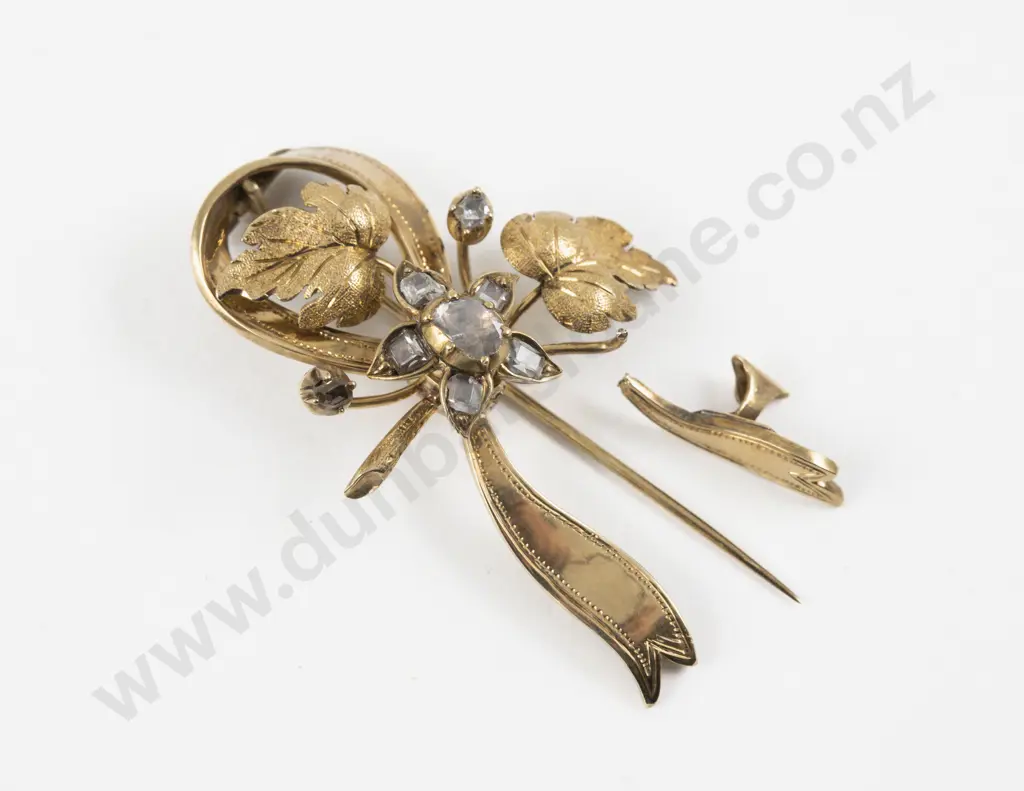 Victorian 14ct Eight Stone Diamond Bow and Leaf Brooch Image 1++