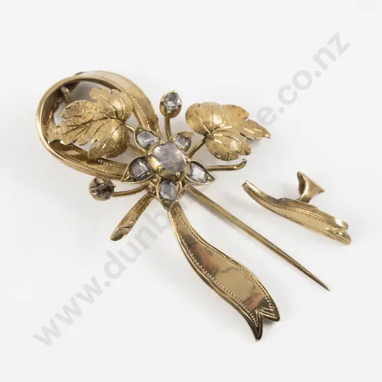 Victorian 14ct Eight Stone Diamond Bow and Leaf Brooch